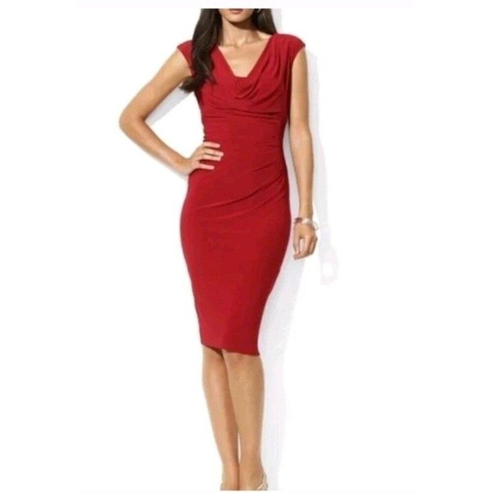 Lauren Ralph Lauren Dress Womens 6 Red Sheath Cowl Neck Ruched Party Cocktail